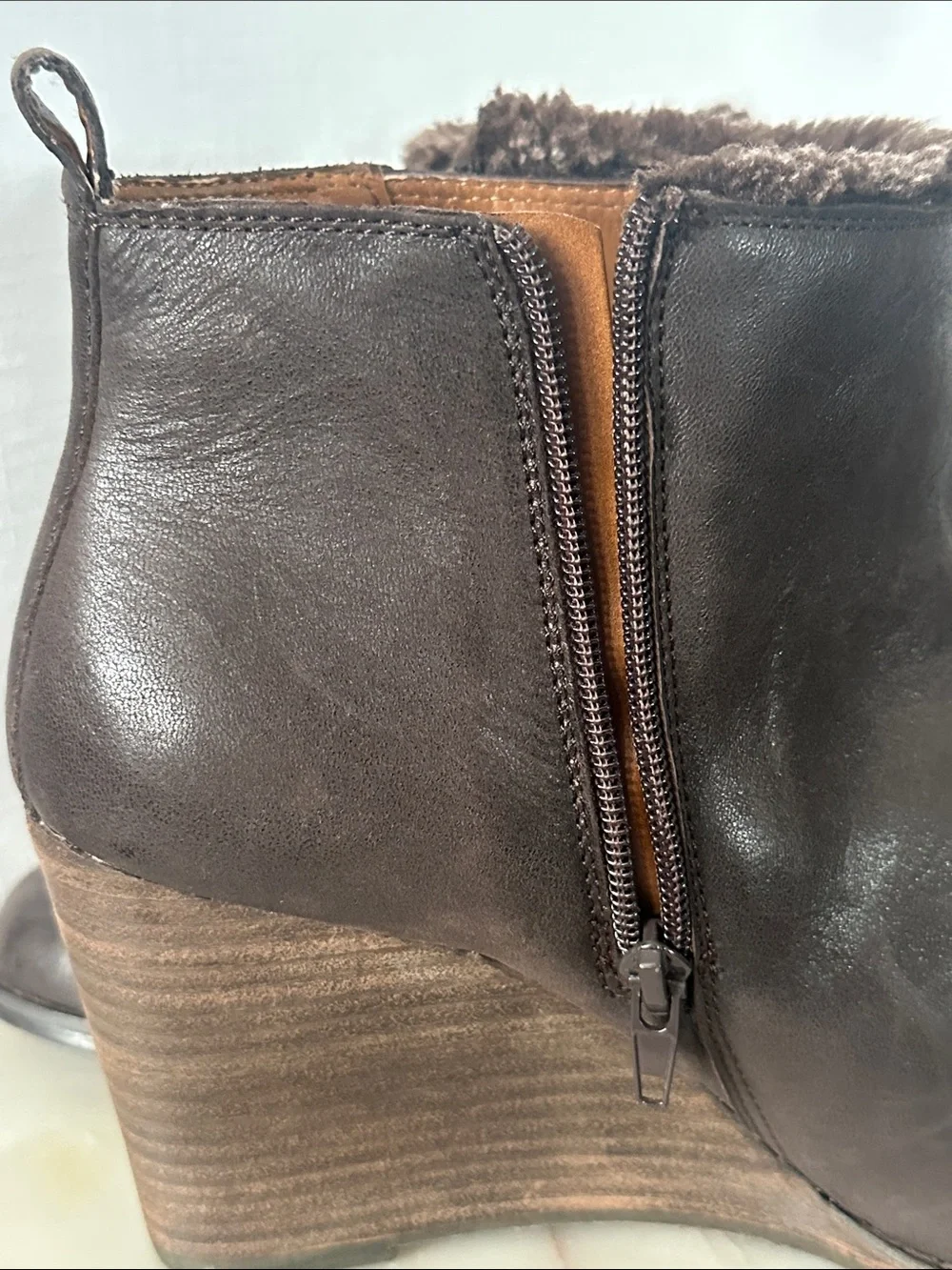 Lucky Brand Leather Faux Fur Wedge Ankle Boots